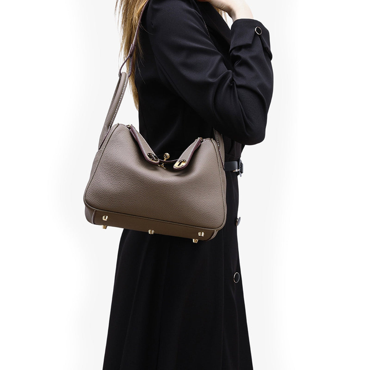 Maren Pebbled Leather Shoulder Bag in Taupe