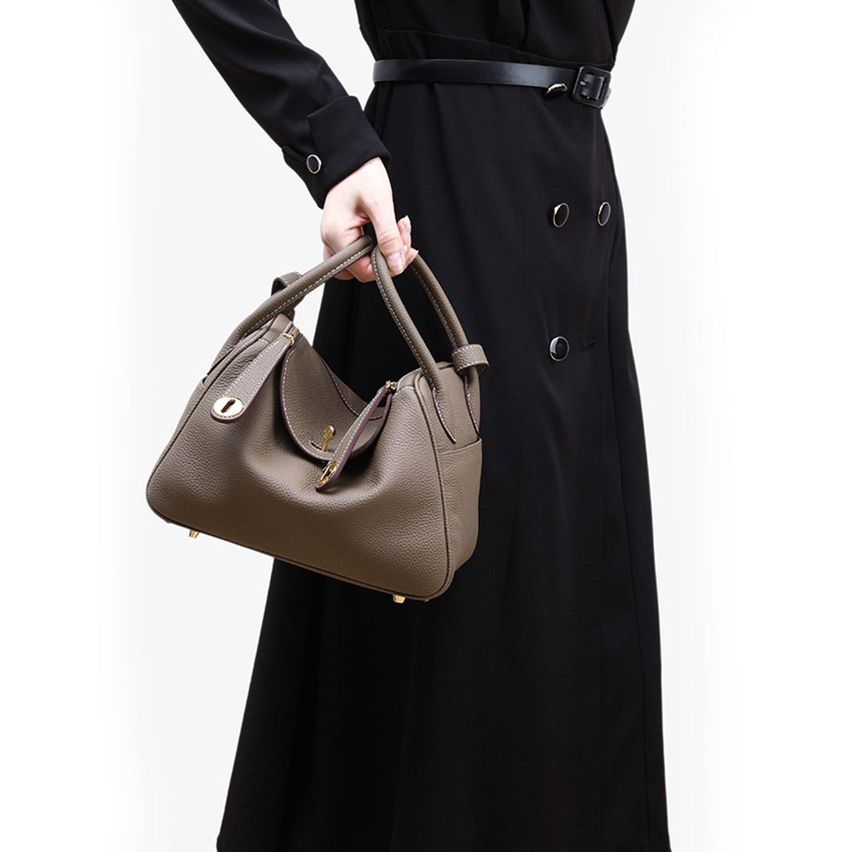 Maren Pebbled Leather Shoulder Bag in Taupe