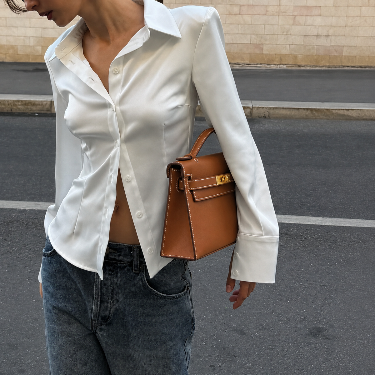 Camille Slim Leather Top Handle Bag