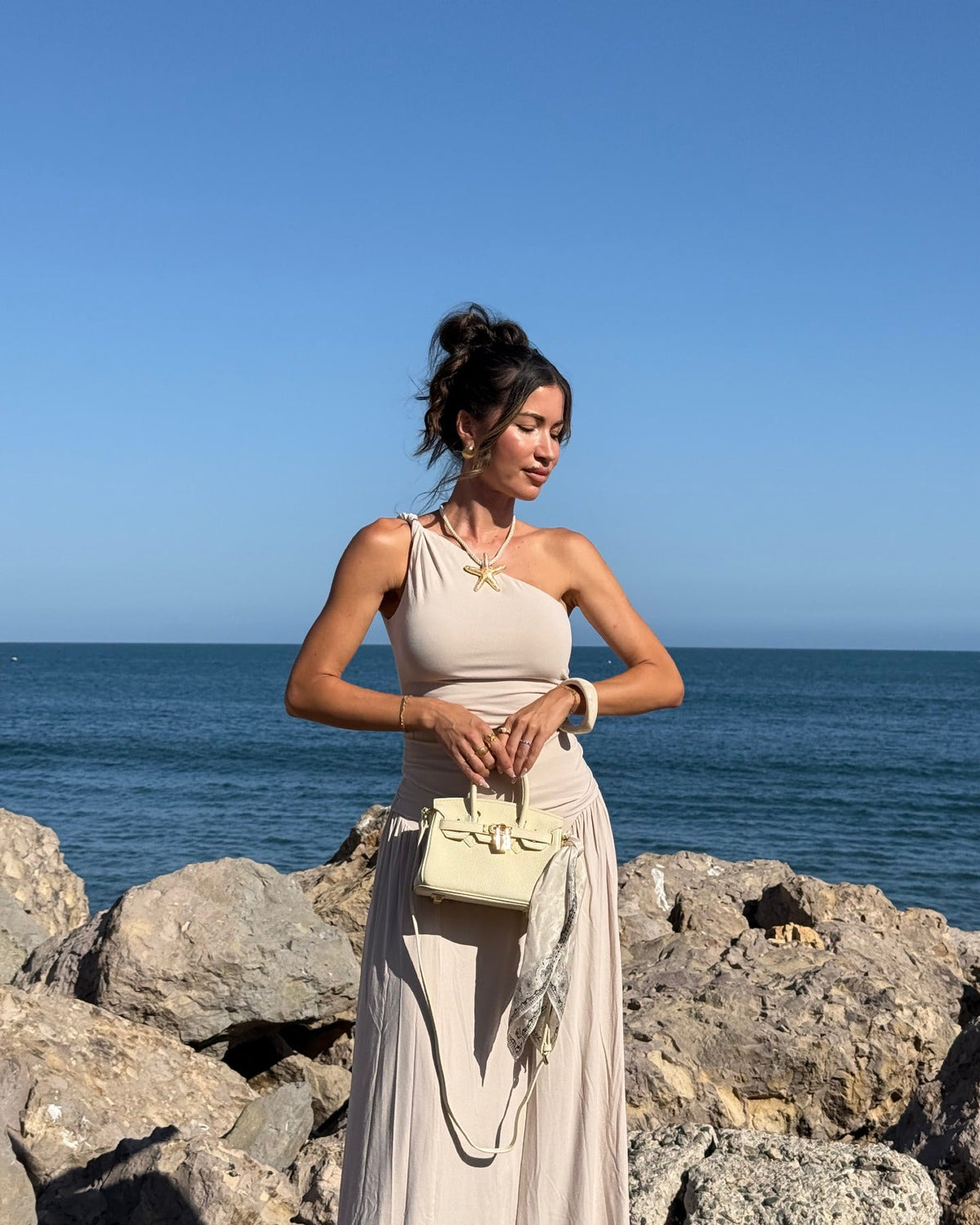 Sloane Pebbled Calfskin Top-Handle Bag in Ivory
