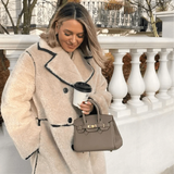 Sloane Pebbled Calfskin Top-Handle Bag in Taupe