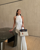 Sloane Pebbled Calfskin Top-Handle Bag in Navy Colorblock