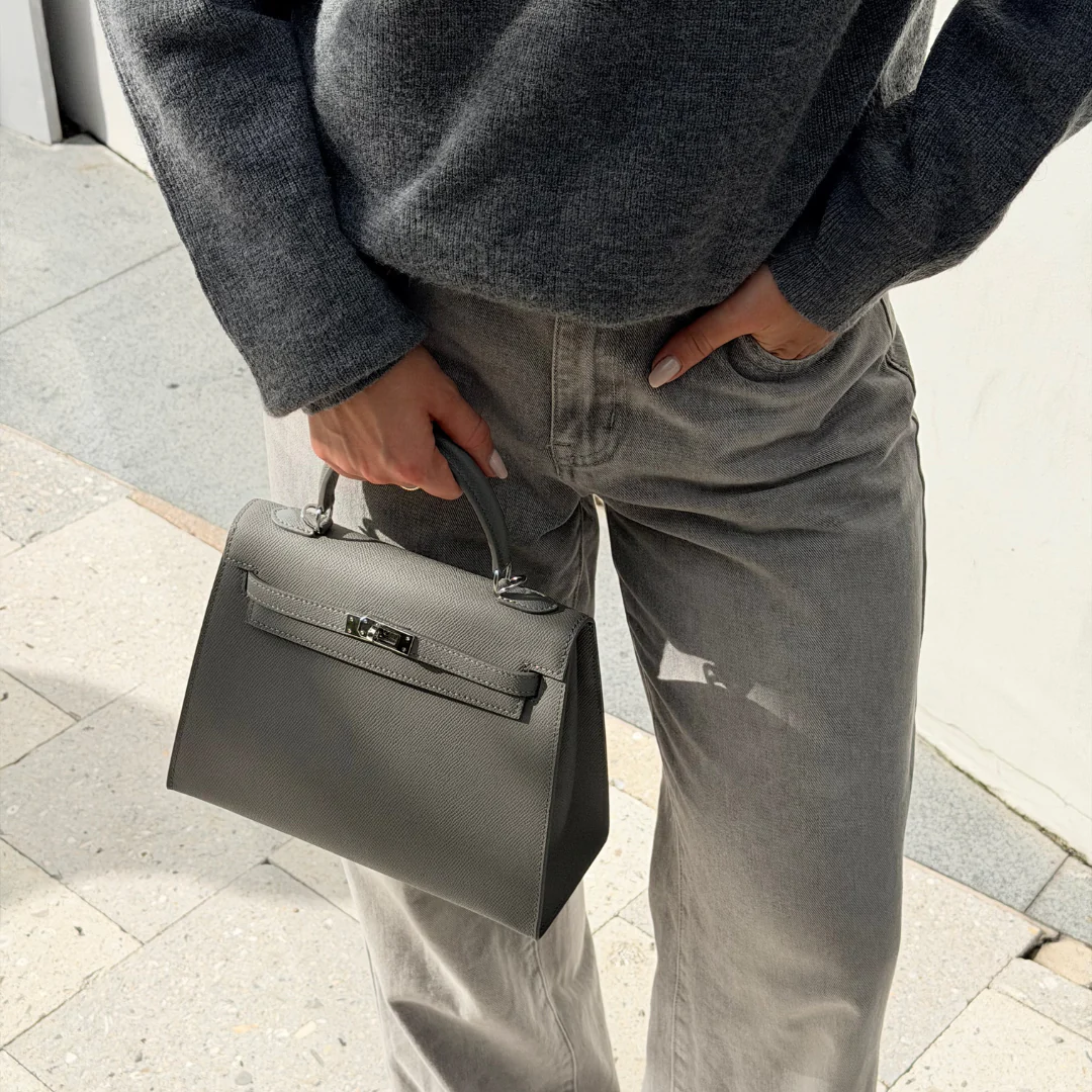 Sloane Pebbled Calfskin Top-Handle Bag in Taupe